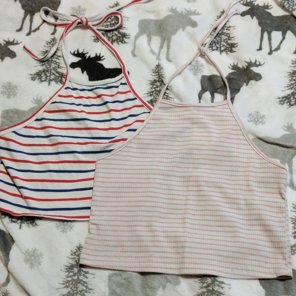2 Striped Cropped Halter Tops, ties on top